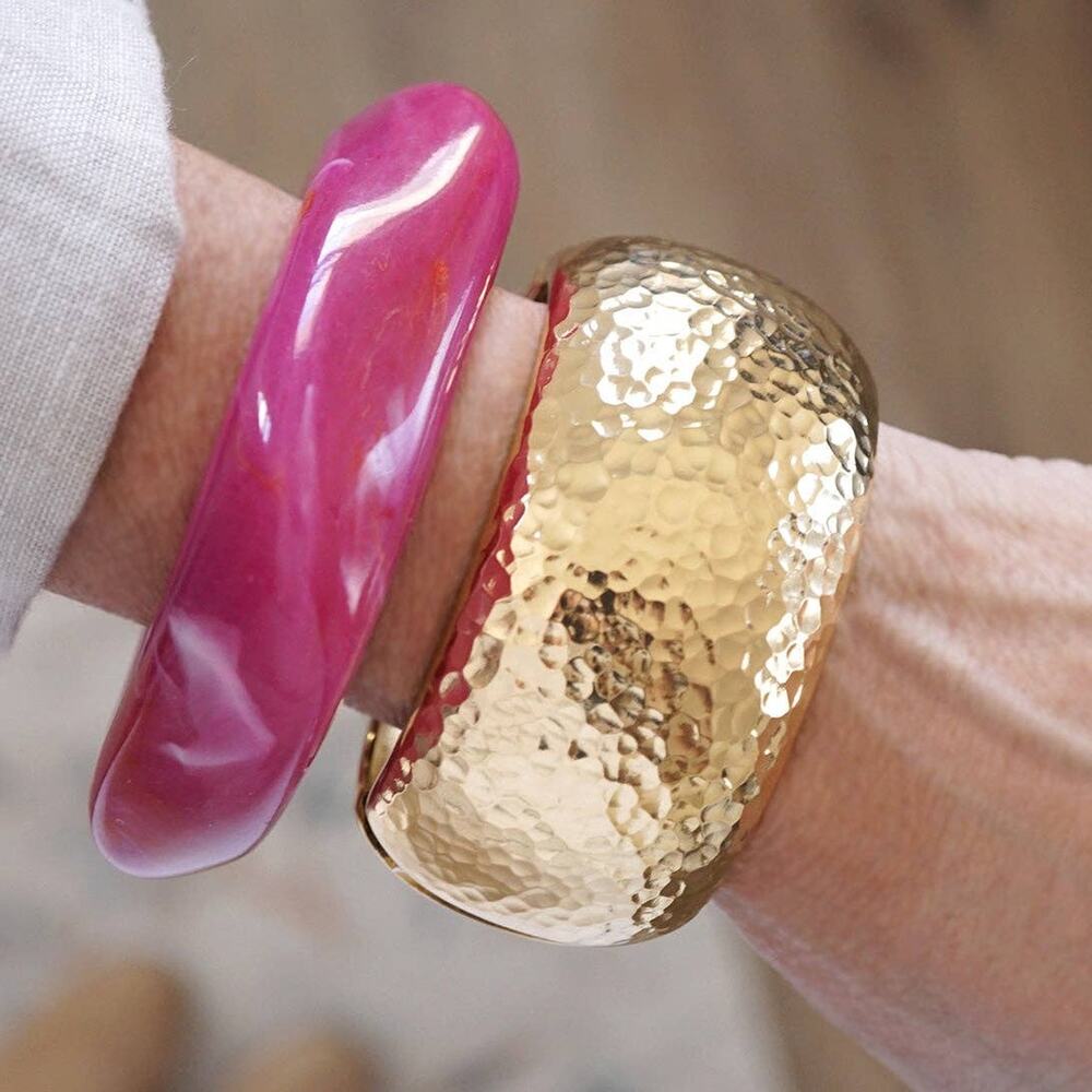 Sunforge Gleam Wide Hammered Cuff Bracelet | Gold Tone Oval Hinge Bangle